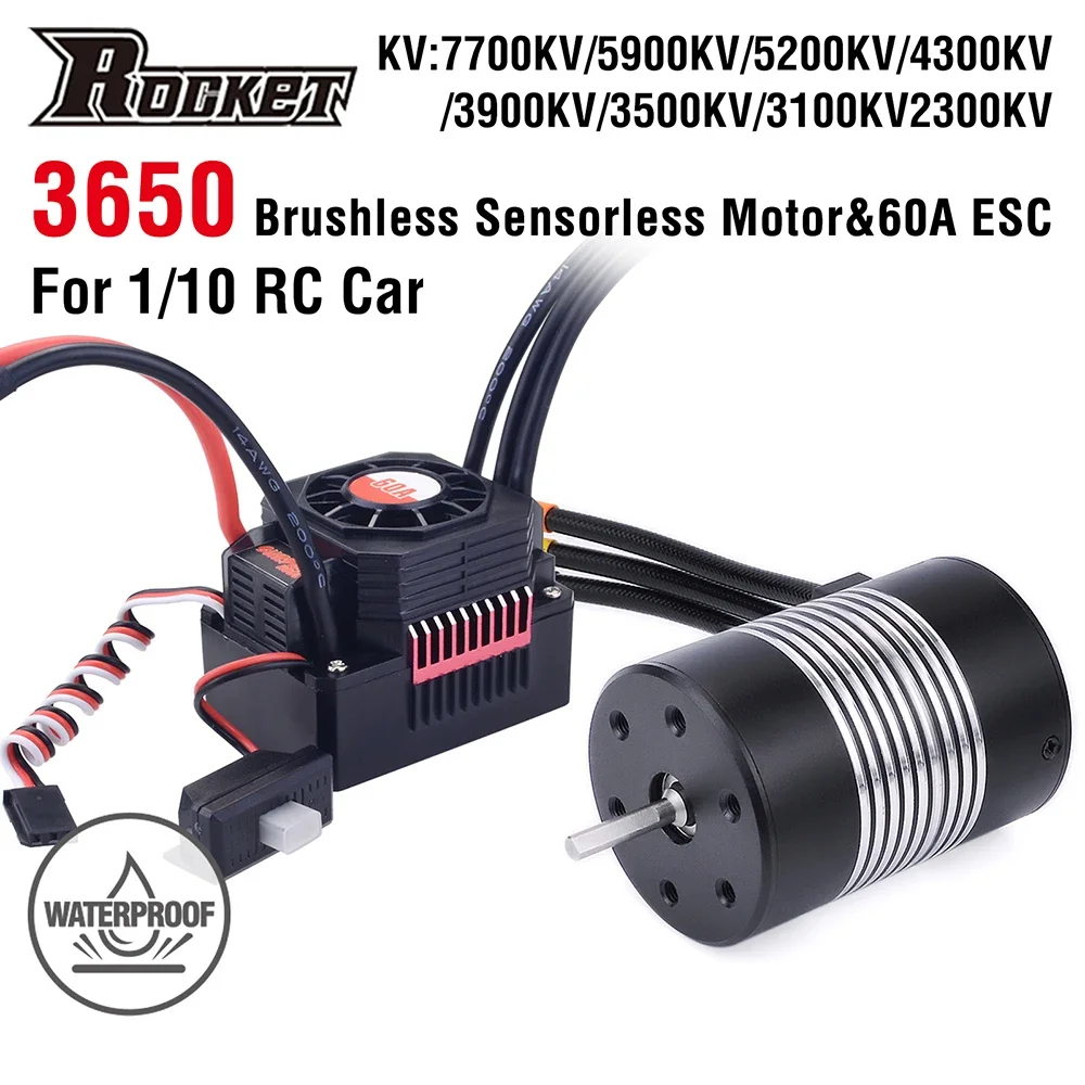 UniFlyRocket 3650 Waterproof Brushless Sensorless Motor 2300KV 3100KV 3500KV 4300KV 5900KV 5200KV 7700KV W/60A ESC For 1/10 RC C