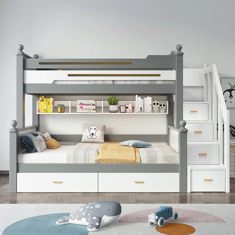 Mediterranean Up and Down Solid Wood Children's Bunk Bed Rubber Wood Multifunctional