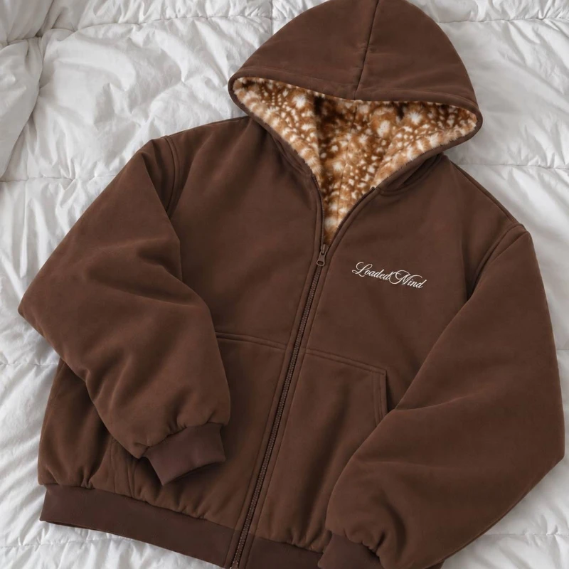 Streetwear Retro Bambi Zip Hoodie Faux Fur Deer Pattern Sweatshirt Y2K Harajuku Kawaii Sweet Reversible Women Oversize Clothing