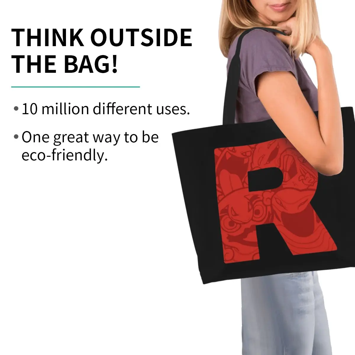 Letter R Team Rocket Logo Shopping Tote Bag Canvas Large Capacity Shoulder Bags Shopper Grocery Handbag for Women