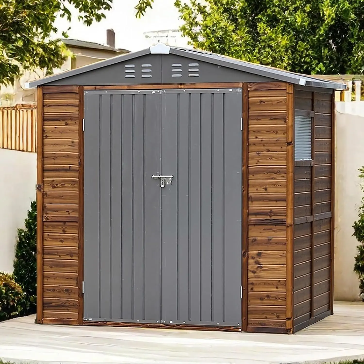 6x4 FT Outdoor Storage Shed with Windows, Wood & Metal Tool Shed Waterproof Storage House for Outside Patio, Customized