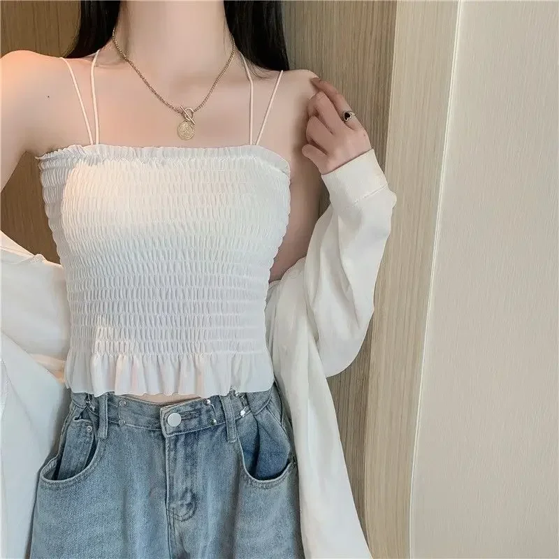 Canotta da donna pieghe design puro tutto-fiammifero vacanza estate casual stile preppy Harajuku coreano dolce donna colture sottile femminile