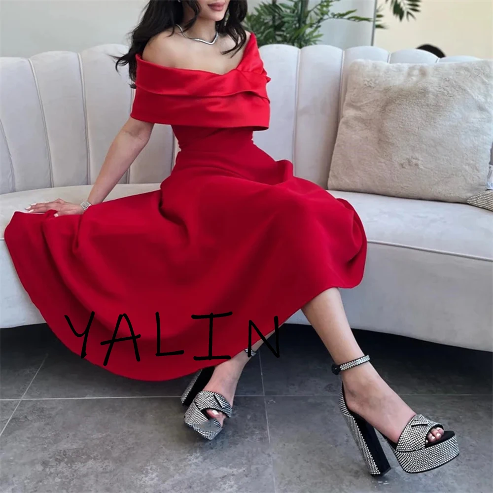 Yipeisha Simple High quality Red Jersey Evening Dress Off the Shoulder Draped Hi-Lo Ankle Length Formal Pageant Party Prom Gowns