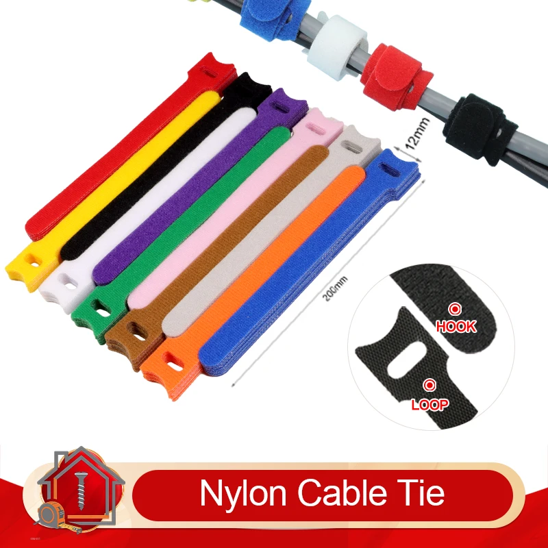 50 - 500pcs Nylon Cable Ties Hook & Loop 12x200mm Tape T-Type Reusable Fastener Adjustable Wire Management Cable Organizer