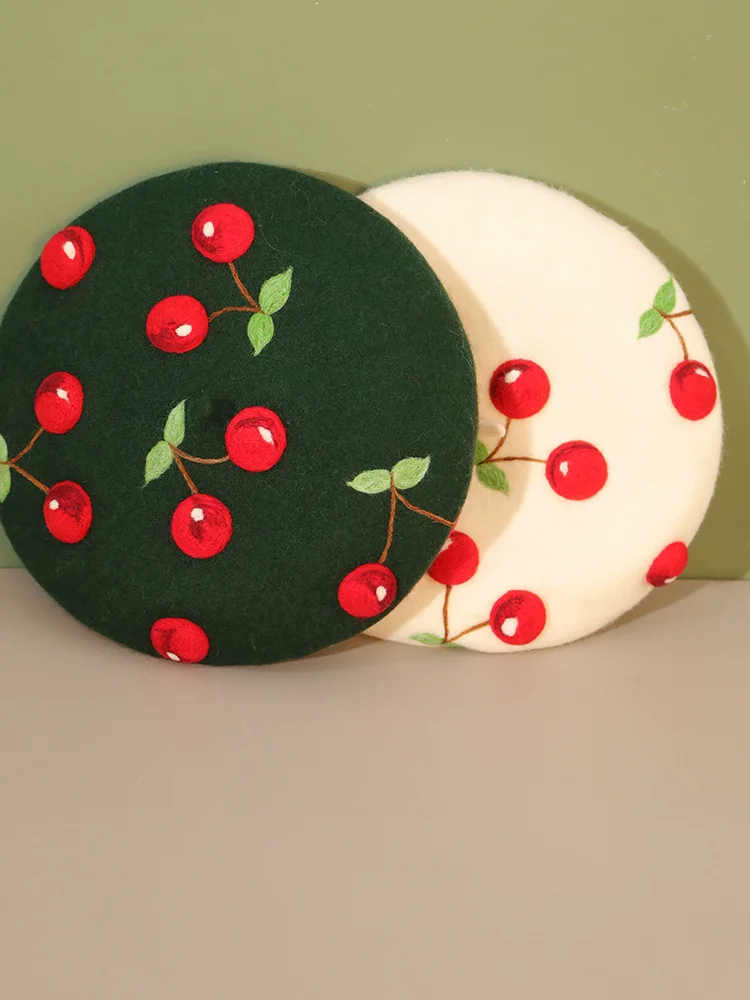 

Women Cherry Warm Wool Beret, Cute Wool Hats