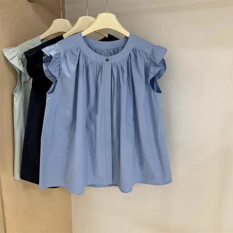 Chic round Neck Fly Sleeve Doll Shirt Women's Summer Fashionable Top Pure Color Korean Style Loose Fit Polyester Fabric