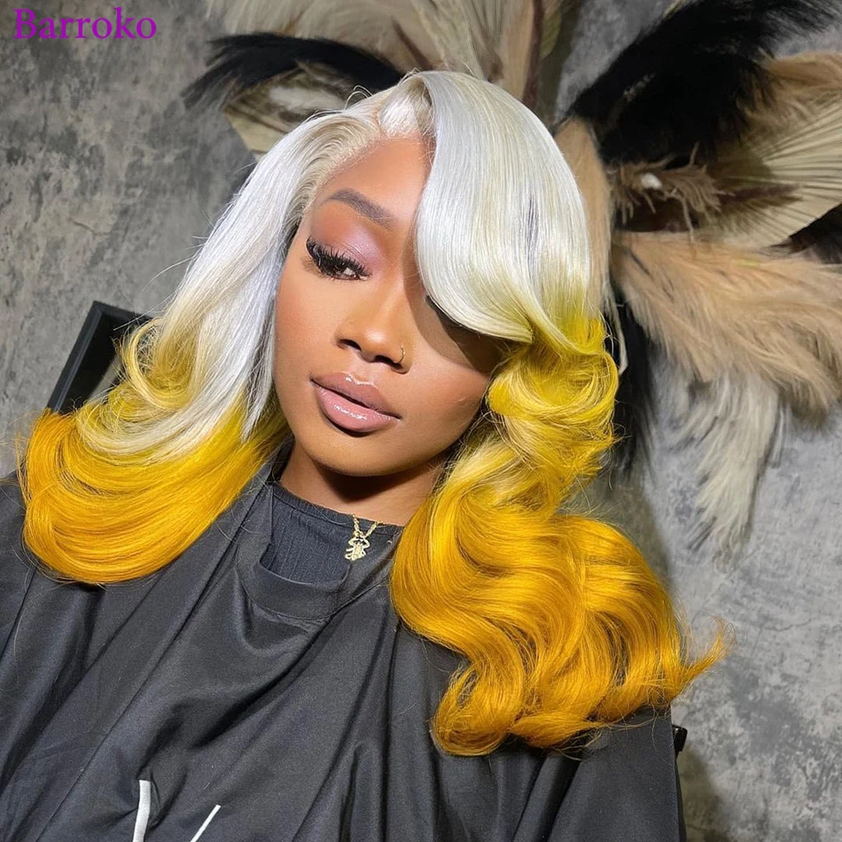 

Barroko 13x4 Frontal Lace Body Wave Grey Yellow Colored Human Hair Wig 34 Inch Remy Hair Pre Plucked For Black Women Brazilian