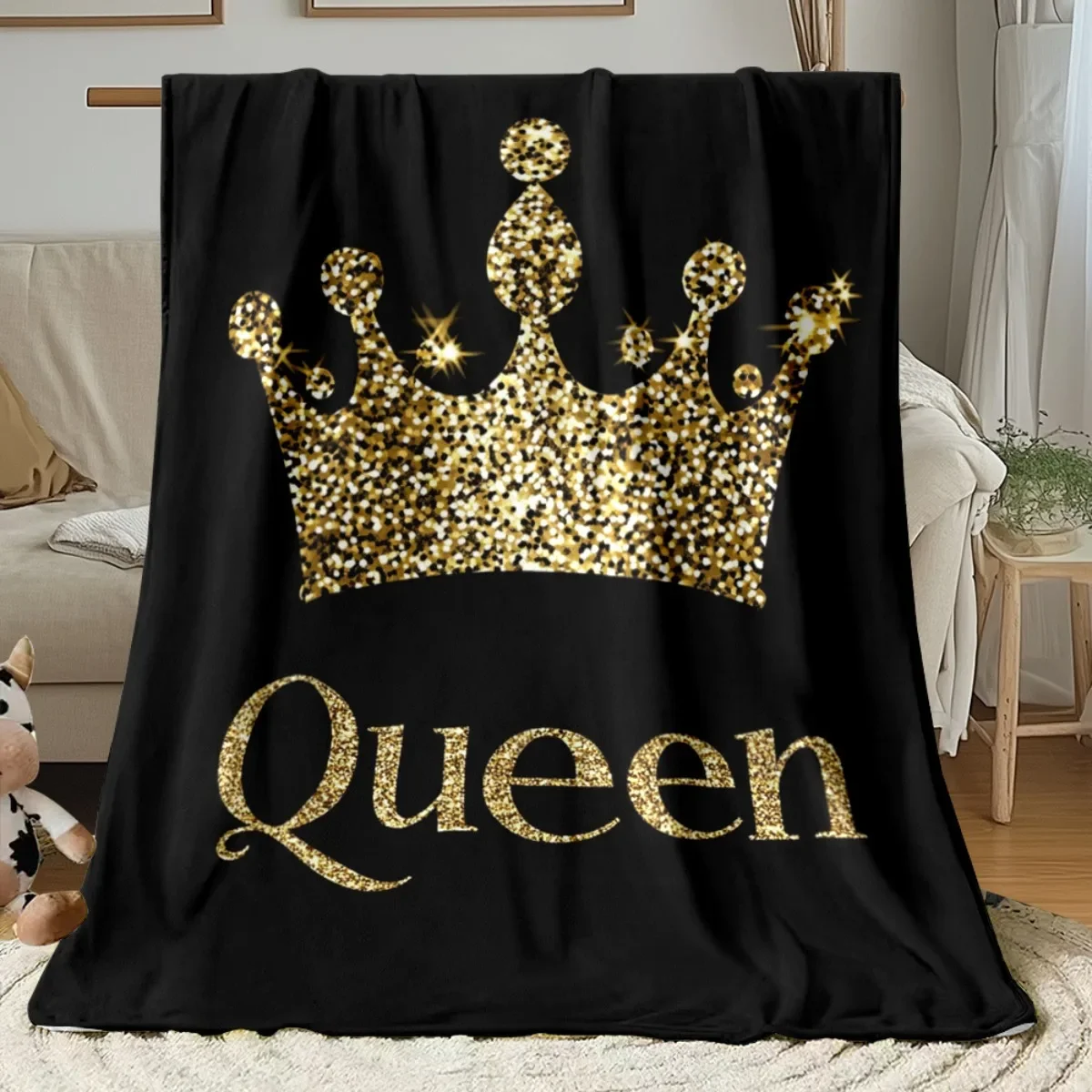Queen Crown Flannel Blanket Black Gold Glitter Throw Sofa Bed Travel Regal Home Decor