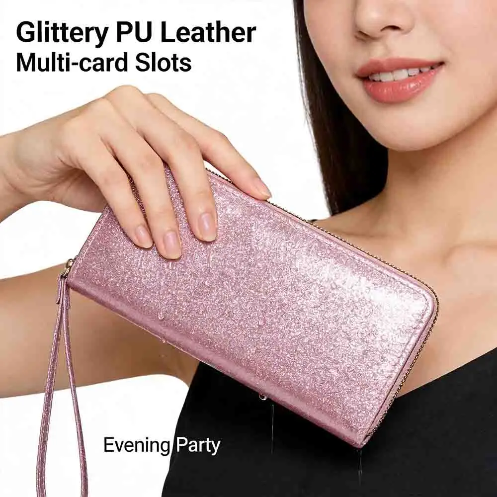 Women Glitter Long Wallet Sparkly Zip Around Clutch Bag Bling Shiny Evening Party Purse Wristlet Phone Handbag PU Card Holder