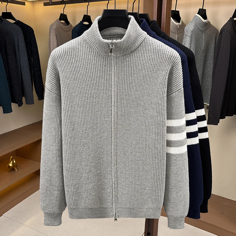Stand Up Collar Zipper Sweater, Men's Loose and Lazy Style Striped Knit Sweater, Cardigan Jacket, Spring and Autumn