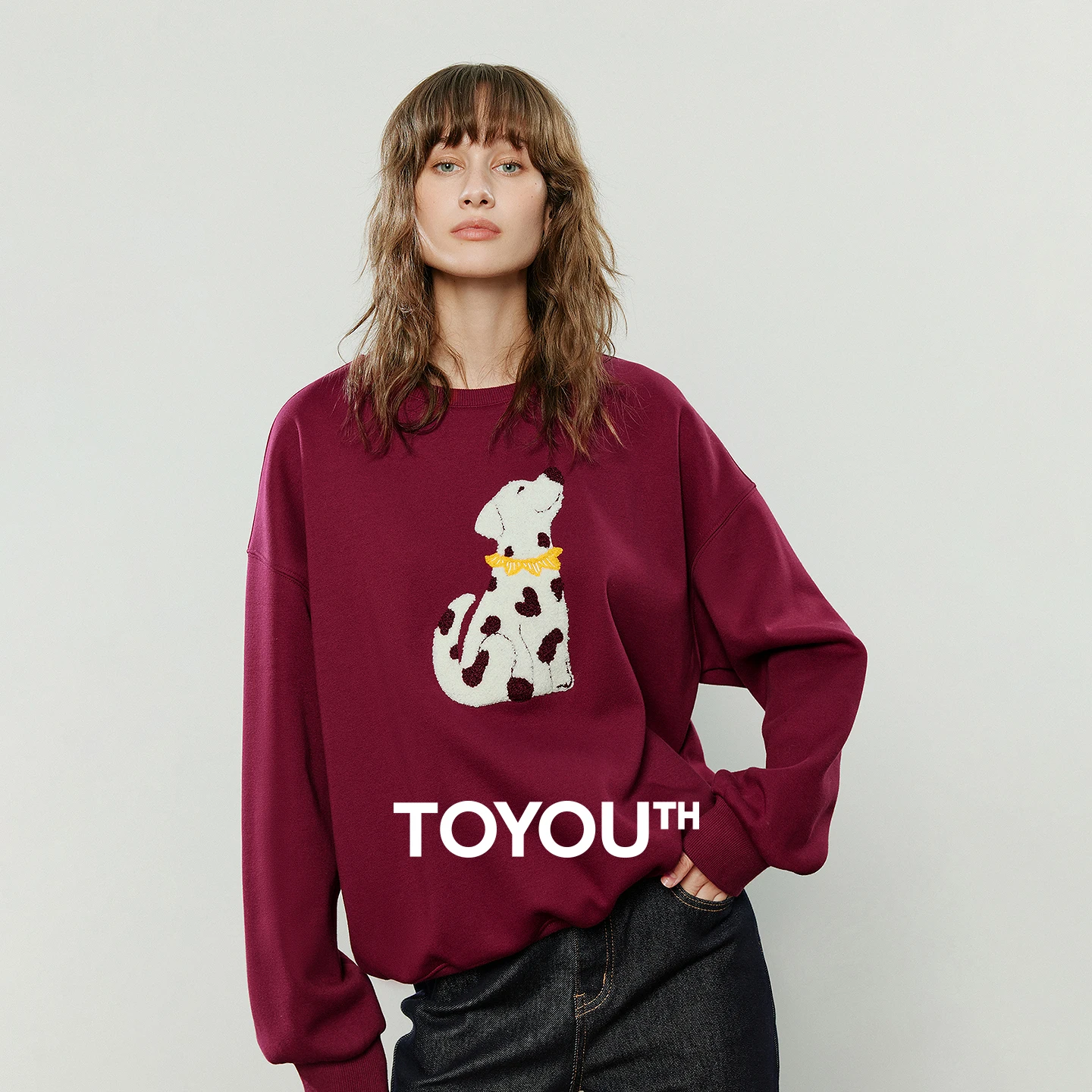 TOYOUTH Women Hoodies 2025 Winter New Crew-neck Loose Heavy-duty Puppy Applique Embroidery Age-reducing Fleece-Lined Warm Tops