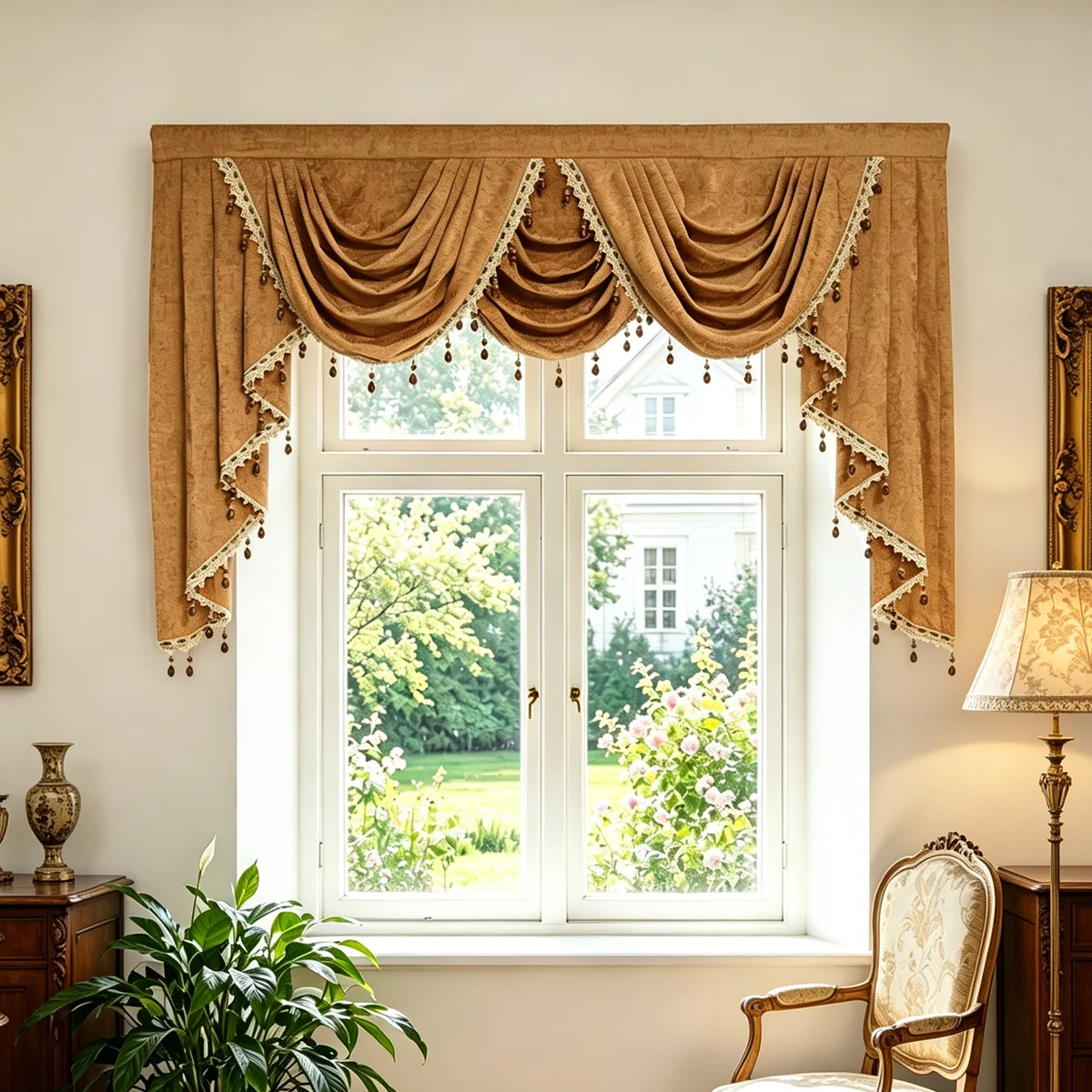 solid-camel-chenille-swag-valance-with-bead-tassels-side-panels-luxury-european-decor-window-header-for-living-bedroom