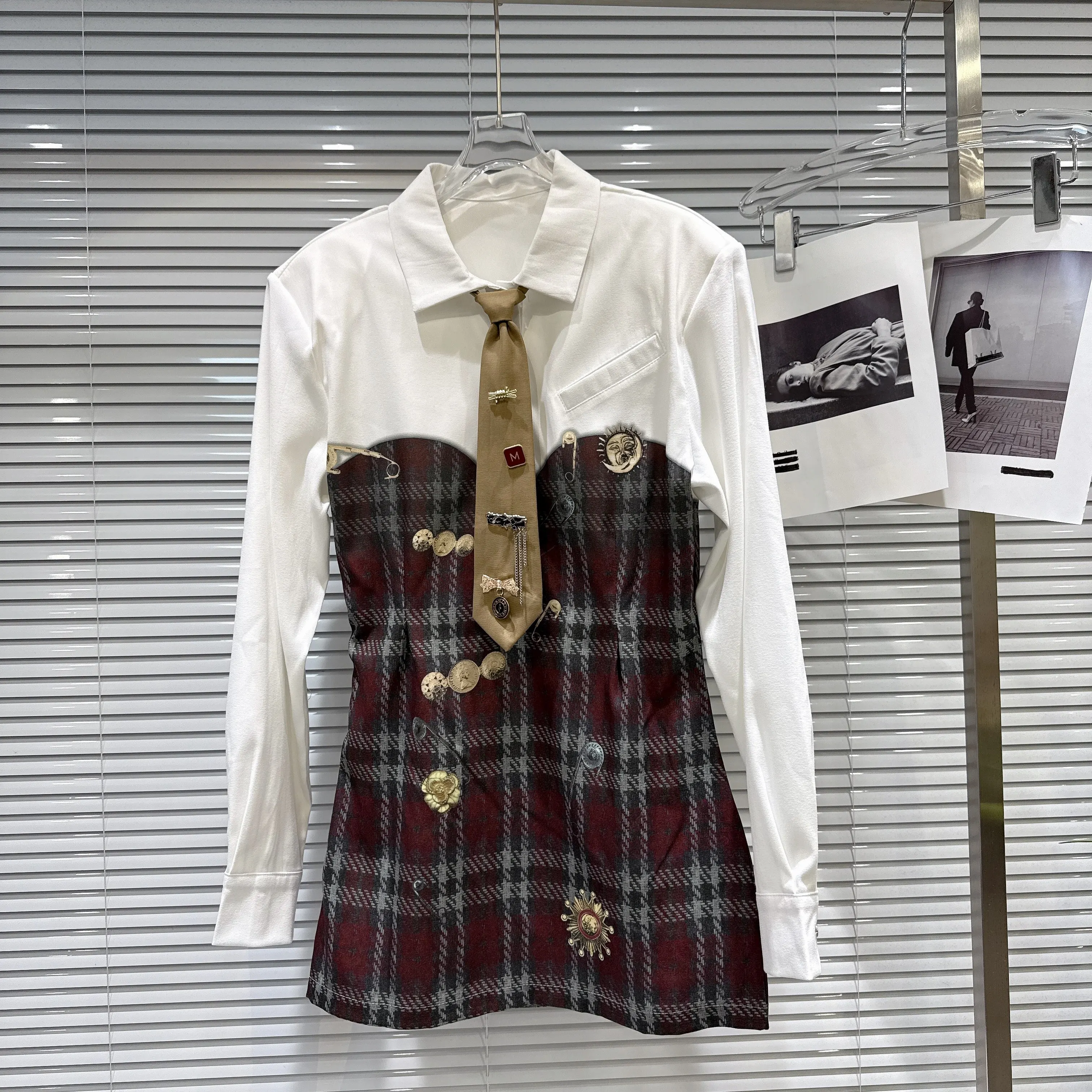 2026 Spring New Arrival Sweet Cool Spice Girl Shirt Dress Women Metal Pin Tie Plaid Patchwork Mini Dress