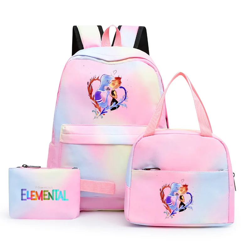 3pcs Disney Elemental Girls Colorful Backpack with Kids Student Pen Lunch Bags Rucksack Casual School Bag Teenager Bagpack Sets