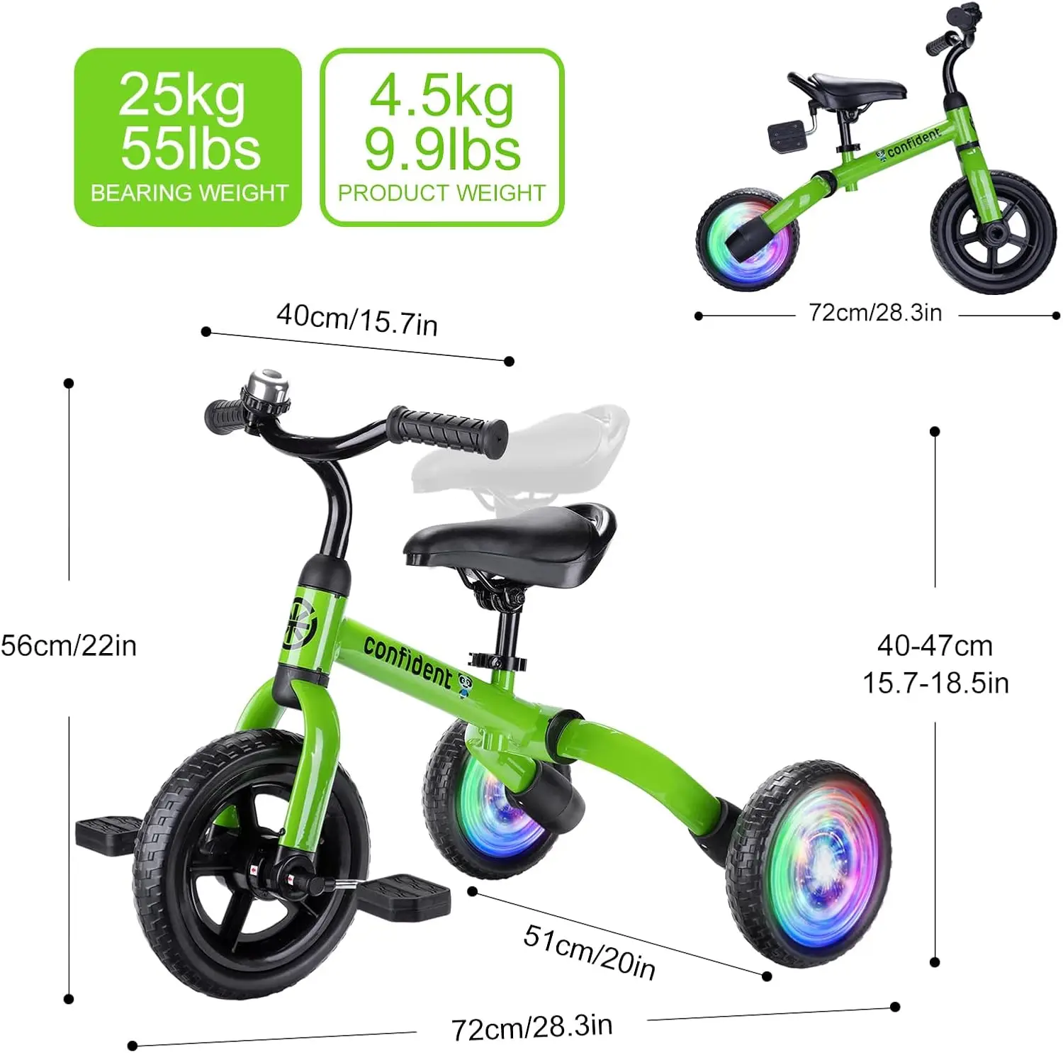 3 in 1 Lighting Tricycle for Toddlers Age 2-5 Years Old, Folding Kids Balance Bike with Adjustable Seat and Removable Pedal, Tod
