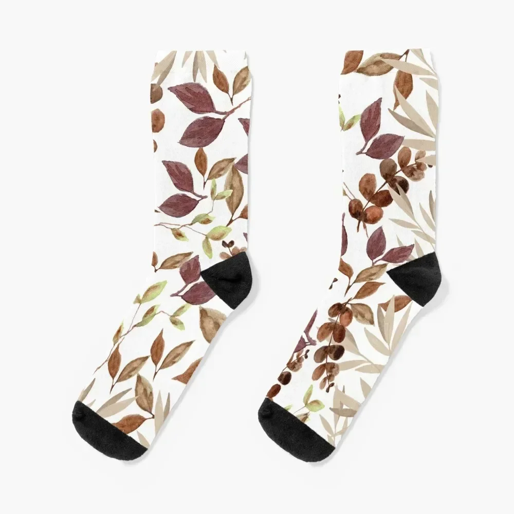 Autumn fall brown themed botanical garden leaves watercolor Socks snow christmas stocking golf Woman Socks Men's