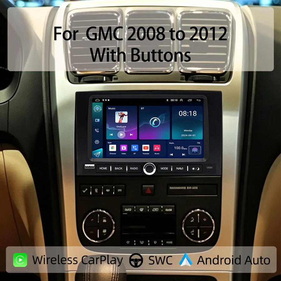 7“Android Car Radio For GMC 2008 to 2012  With Buttons Wireless CarPlay Android Auto GPS Nav Bluetooth Steering Control