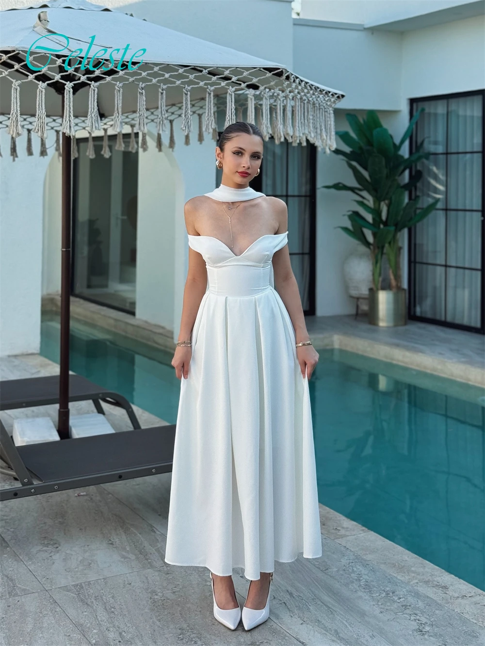 فستان سهرة مخصص برقبة قارب وأزياء رائعة من الساتان للمناسبات الخاصة وفساتين الحفلات بأكمام قصيرة رقيقة