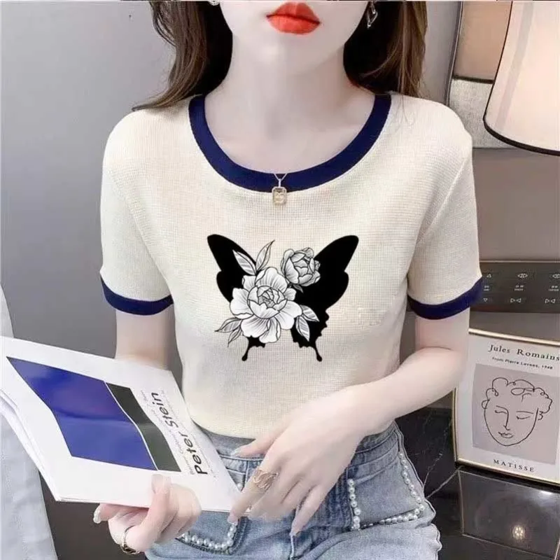 

Women's Clothing Crew Neck Floral Printing Pullover Short Sleeve T-shirt Casual Summer Office Lady Korean All-match Sweet Tops