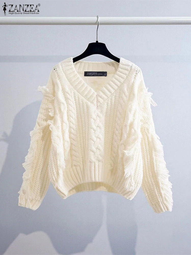 Women Fashion Autumn Knitted Sweaters ZANZEA 2025 Tassel Pullovers Casual Solid Long Sleeve Jumpers V-Neck Loose Elegant Shirts