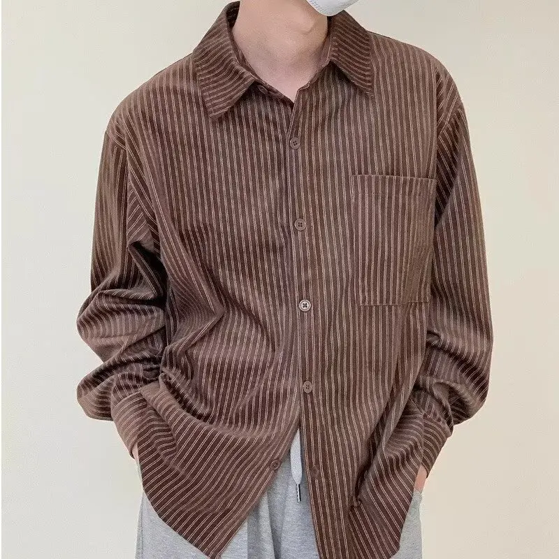 

Японские винтажные новые модные мужские рубашки с цветовыми полосками, повседневные, трендовые, простые, базовые, свободного кроя, с отложным воротником, с длинным рукавом