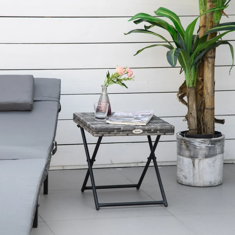 Mesa Plegable de Jardín de Poliratán Gris, 40x40x40cm, Estructura Metálica, Ideal para Espacios Exteriores