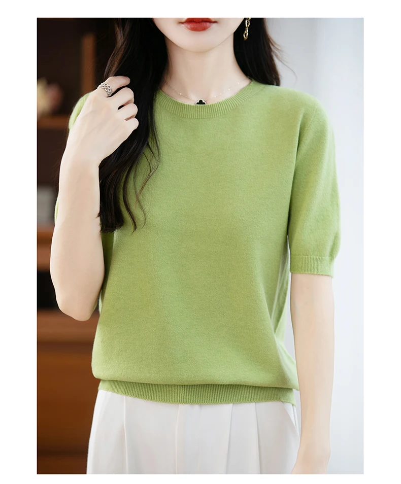 First-Line Ready-To-Wear Sweater Women's 100 Pure Wool Knitted Short-Sleeved T-Shirt Round Neck Thin Sweater Loose Half-Sleeve
