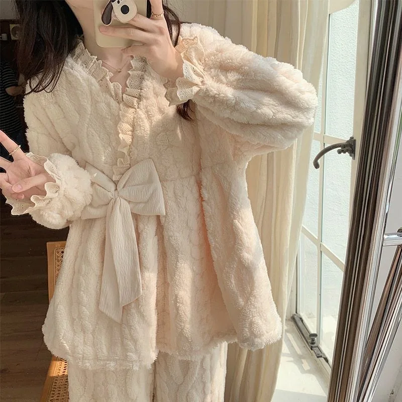Damen-Pyjamas aus Korallenfleece, Pyjamas für Damen, Mädchen, Studentinnen, Herbst-Winter, Übergröße, locker geschnitten, mit Schleife, verdicktes Fleece, Homewear-Pyjamas.