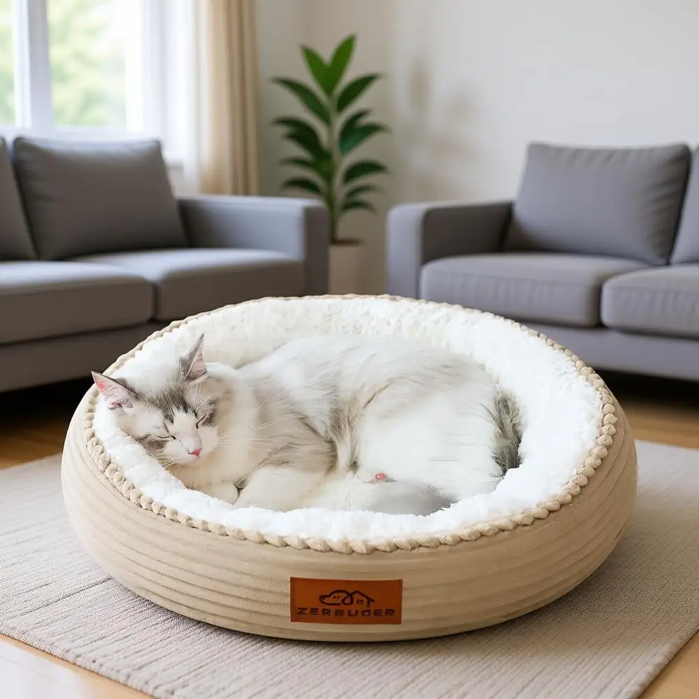 

Круглая лежанка для собак и кошек 20 дюймов, цвет кэмел, подарок для крупных, средних и мелких собак и кошек, машинная стирка, дышащая, мягкая, с нескользящим дном