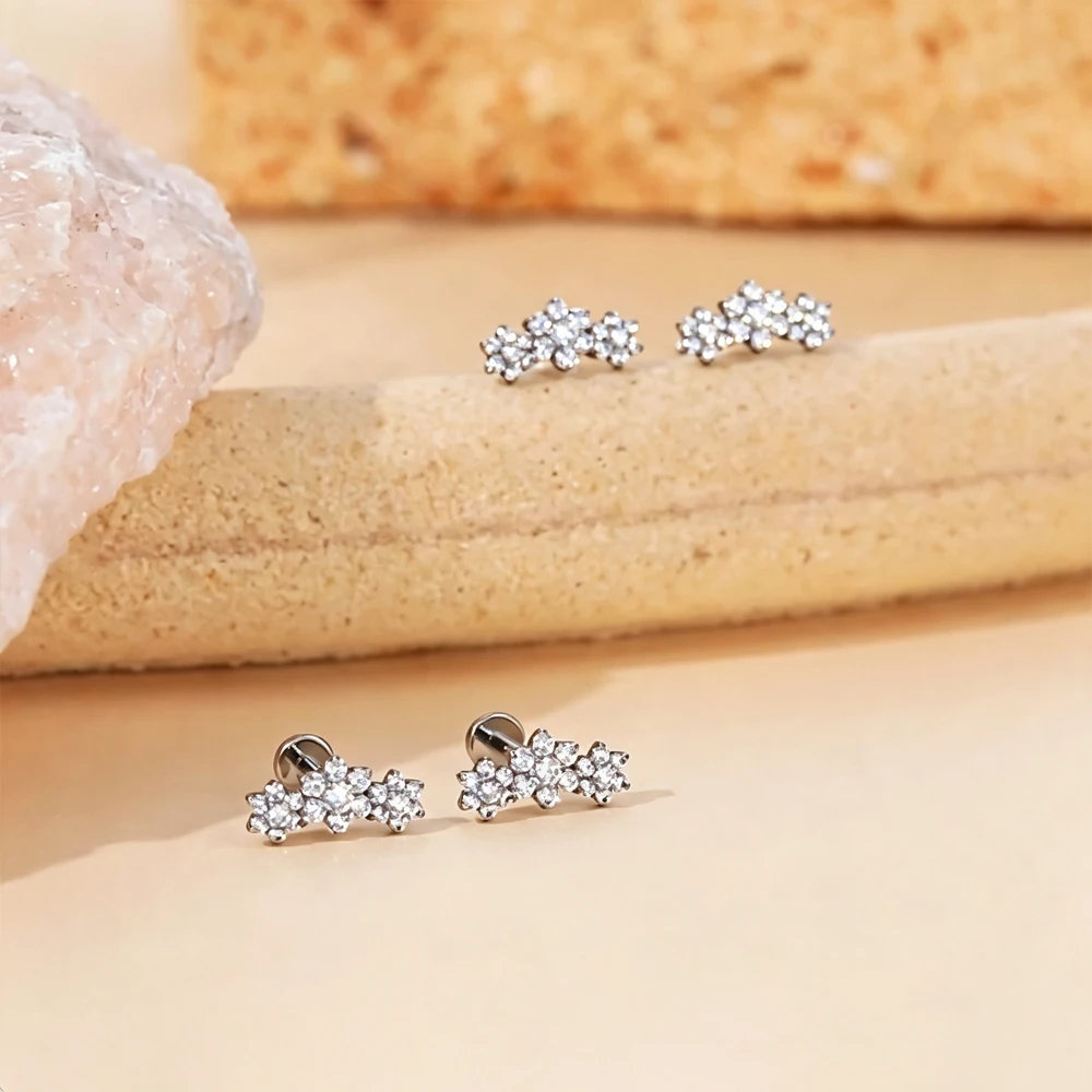 ASTM F136 Titanium CZ Three Flower Ear Cartilage Flat Back Stud Earring 16G Internal Thread Helix Tragus Piercing Jewelry Girls