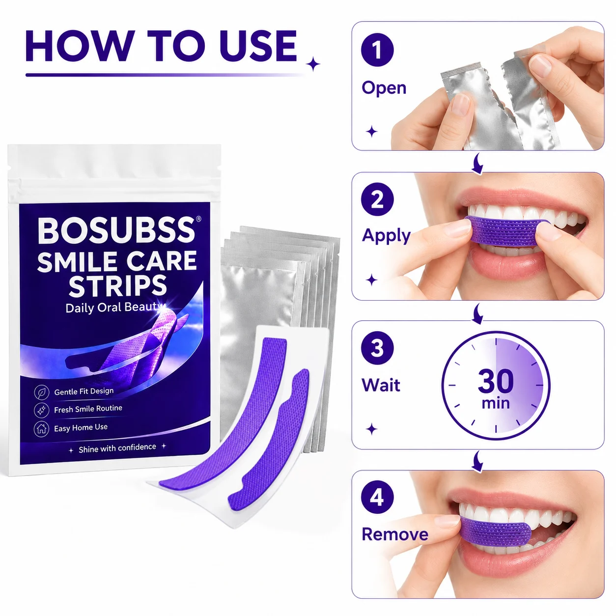 2 PAARE/4 Stück Lila Smile Care Streifen, Tägliche Zahnpflege-Streifen für ein frisches Lächeln, sanfte Passform, einfache Anwendung zu Hause – Detail 9