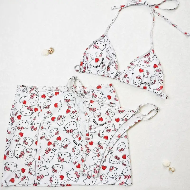 Sanrio Sexy with Chest Cushion Bikini Overskirt Three Piece Set Kawaii Hello Kitty Comic Split Body Swimsuit Underwear Set Kit