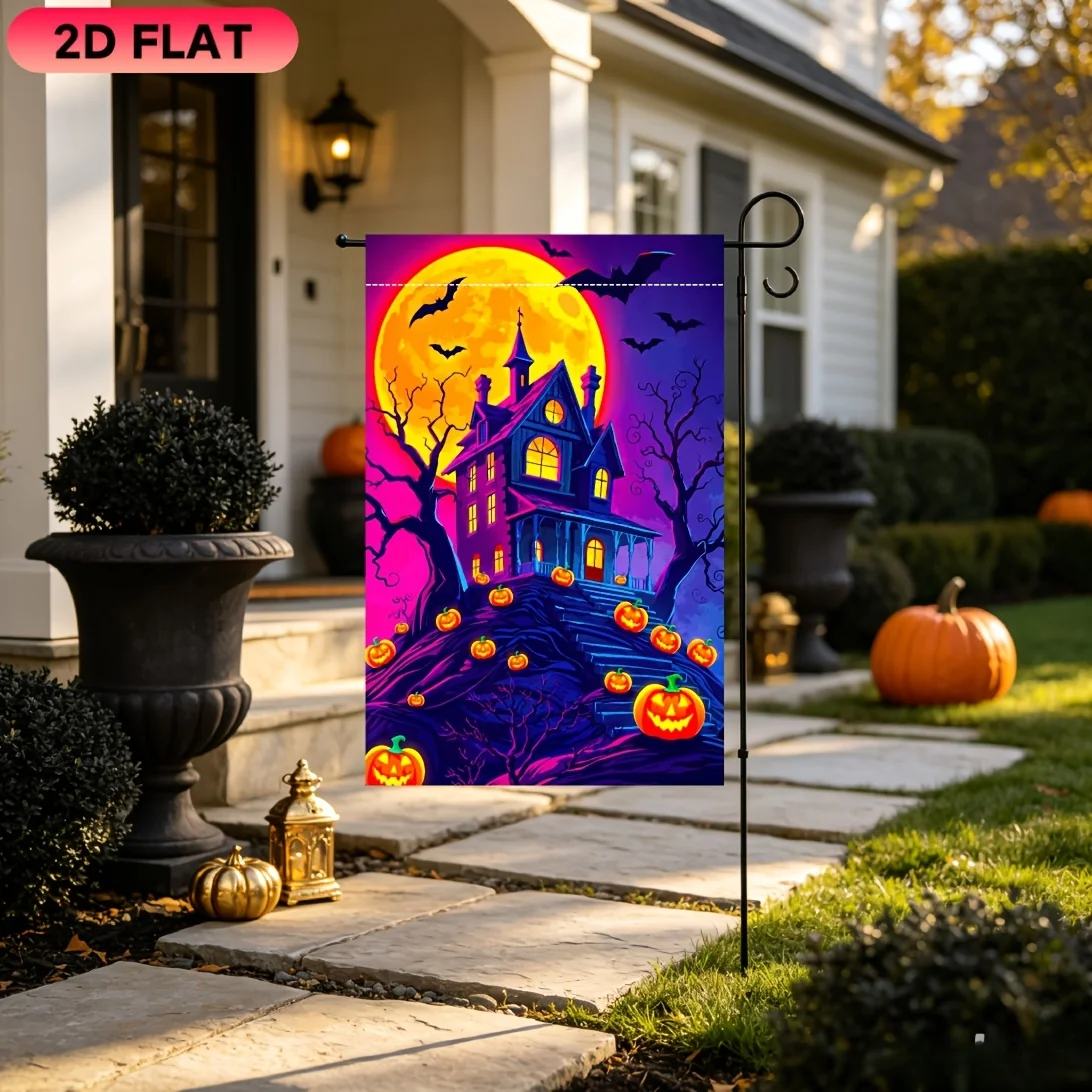 2D Flat Garden Flag 1 Piece, Gradual Change Castle Pumpkin Halloween Flag, Halloween Celebration Flag, Durable Polyester Material, Very Suitable for Garden, Lawn, Courtyard, Home, Outdoor, Beach Decoration Flag, Halloween Celebration Decoration Flag