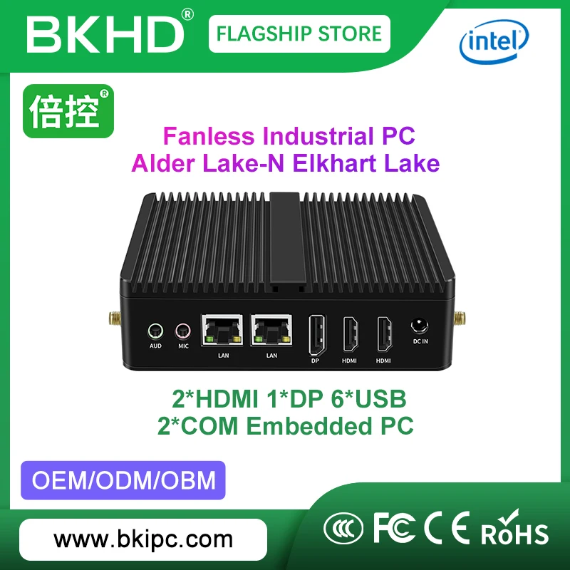 BKHD Mini Industrial Computer Intel N100 Alder Lake-N Celeron J6412 2COM RS232 4USB Suitable for Mechanical Automation IoT