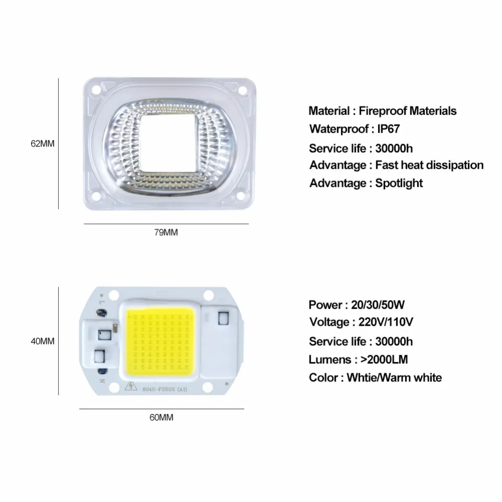 20W 30W 50W COB LED Light Matrix With Lens Reflector 110V 220V Smart IC High Power Diode Array Chip Lamp DIY Floodlight