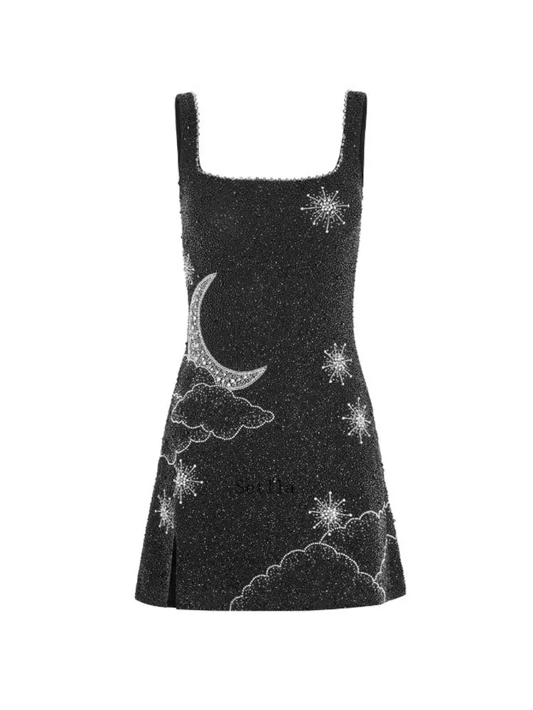 Women Fashion Sequins Printed Suspender Mini Dress Sexy Shiny Sleeveless A-line Vestidos Female Elegant Party Club Evening Robe