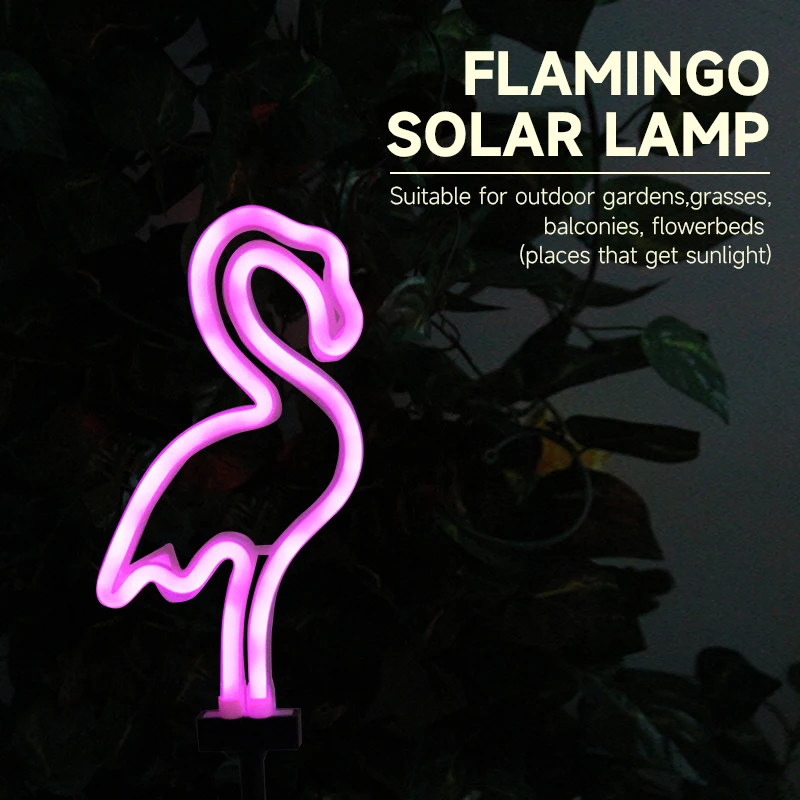 NONE Lampe solaire LED Flamant rose néon, étanche, à piquet, pour aménagement paysager, cour, jardin, allée, décoration de vacances et éclairage de pelouse