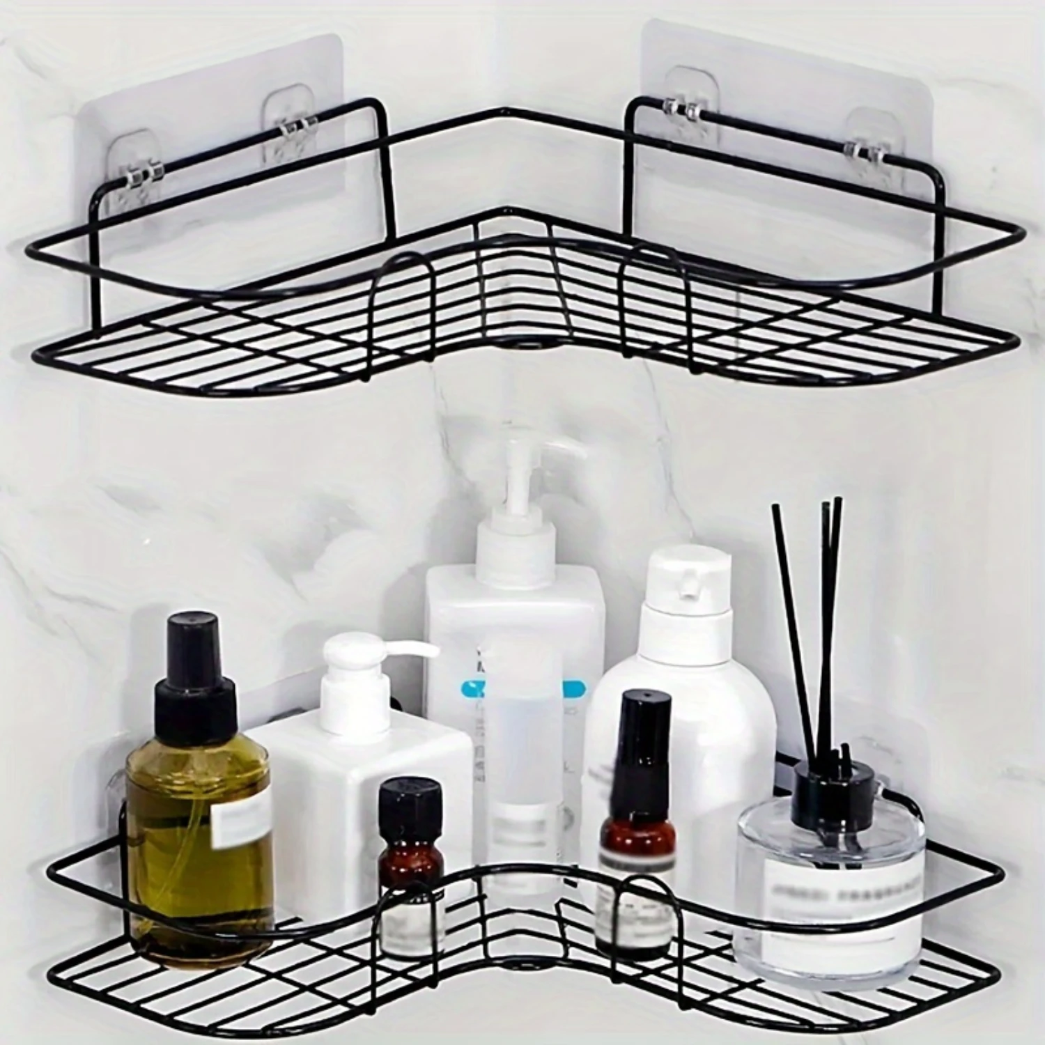 

Wrought Iron Shower Caddy with Suction Cup - Wall Mounted Corner Rack, Bathroom Hanging Organizer & Punch-Free Shelf