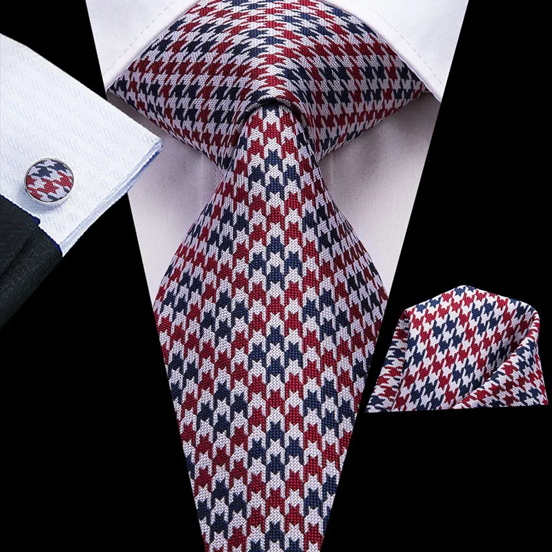 Hi-Tie Red Houndstooth Plaid Necktie For Men Blue Luxury Men's Tie Set Silk 8.5cm Large Fashion Hanky Cufflinks Set Quality