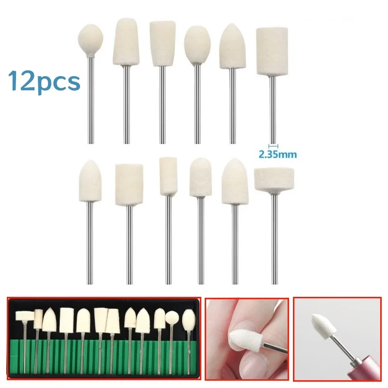 

12 шт., набор сверл для полировки шерсти, губка для ногтей, конус для шлифования сверл, вращающийся инструмент, шлифовальная головка, хвостовик 2,35 мм