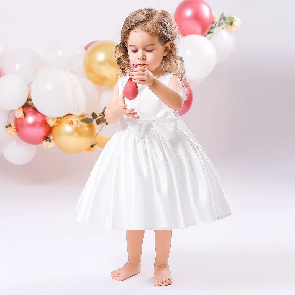 Baby Girl Dress Solid Christening Princess Dress Big Bow Girls Baptism 1st Birthday Party Wedding Bridesmaid Infant Dress Gown