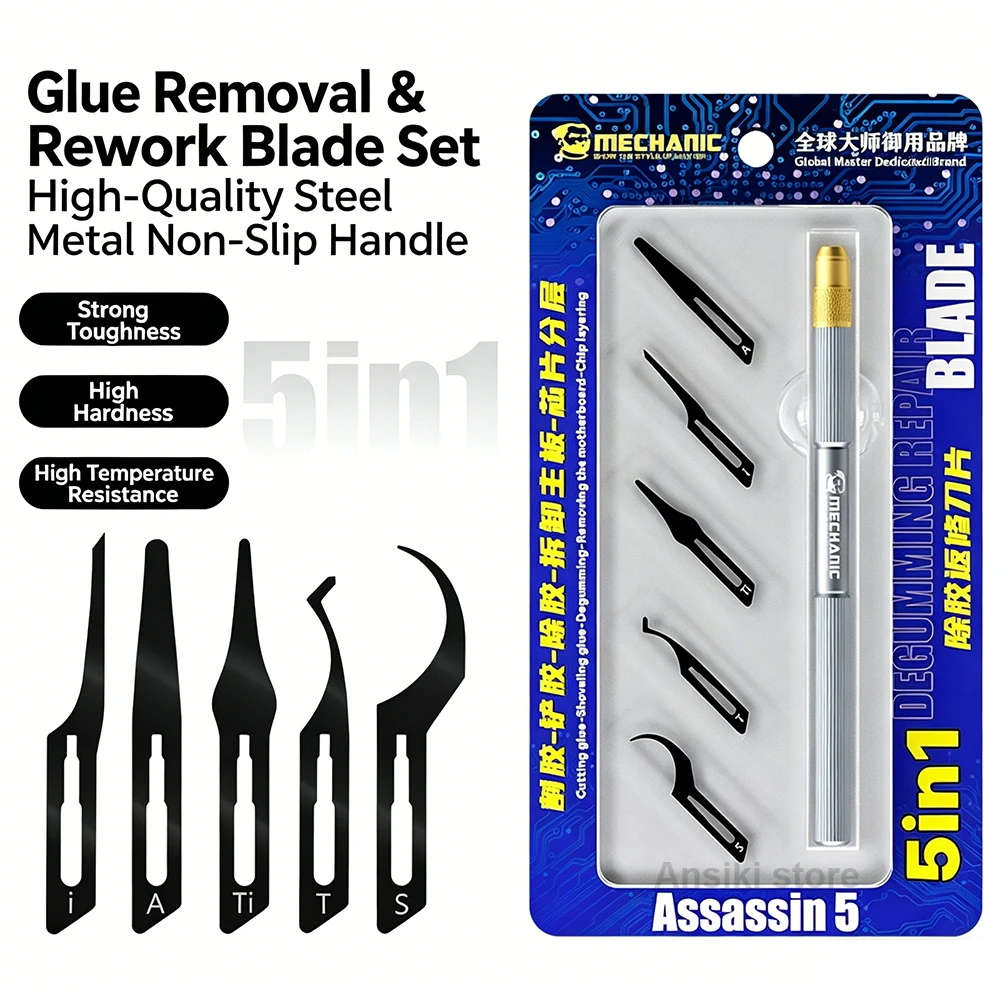 MECHANIC Assassin5 5in1 Degumming Rework Blade & Handle for CPU IC Glue Removal Chip Layering Phone Motherboard Repair Tool