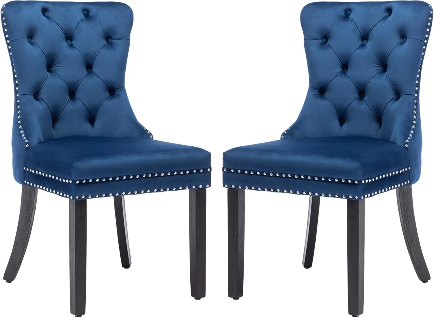 

Blue，Velvet Dining Chairs Set of 2, Upholstered High-end Tufted Dining Room Chair with Nailhead Back Ring Pull Trim Solid Wood L