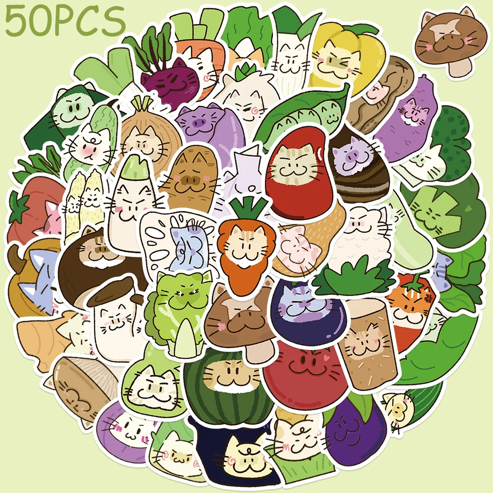 

50pcs Cartoon Cute Vegetable Cats Stickers Decals For Phone Skateboard Guitar DIY Graffiti Aesthetic Stickers Creative Gifts