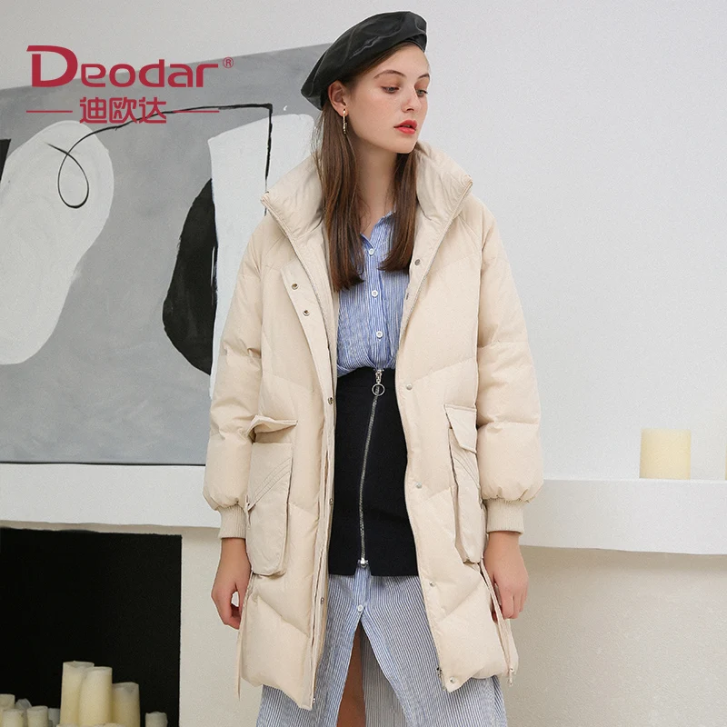 DEODAR-Chaqueta de plumón de pato blanco para mujer, abrigo largo con capucha, ropa de invierno, holgada, gruesa, de una sola botonadura