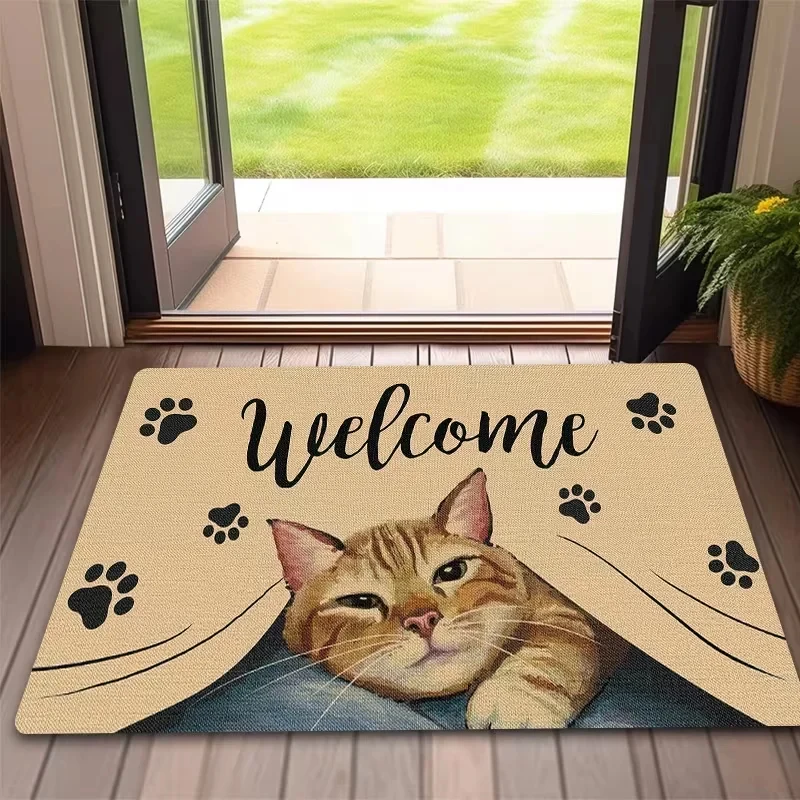 VIKAMA Welcome Cat Paw Print Doormat, Cute Tabby Cat Entrance Rug, Non-slip Washable Absorbent Front Door Home Floor Mat