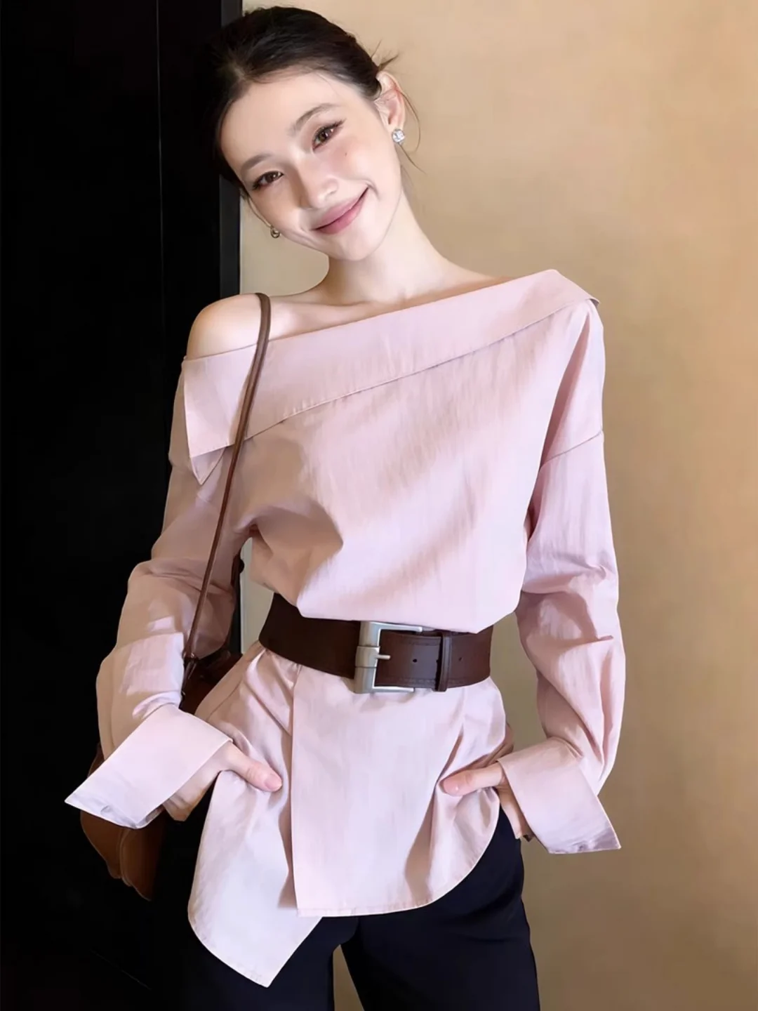 

Slimming Long Sleeve Shoulder Bared Shirt French Style Loose Fit Women's Spring New Fashion Casual Chic Top Slimming Shirt