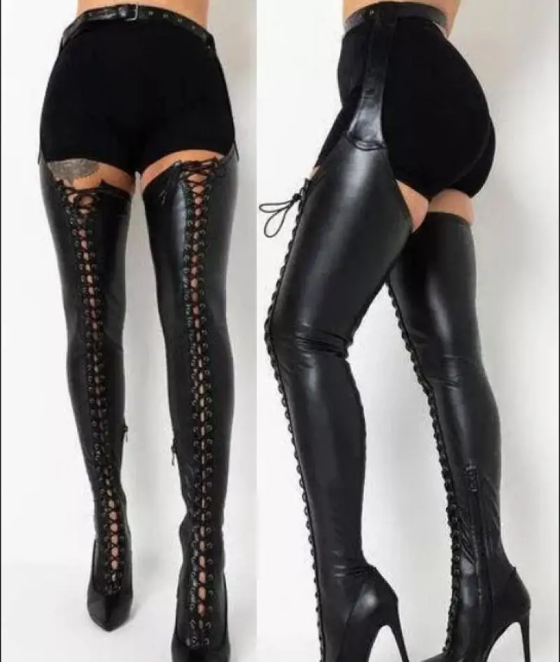 Sexy Lace Up Pointed Toe Boot Shaft Adjustable Buckle Strap Stiletto Heel Black Thigh High Over The Knee Nightclub Long Boots