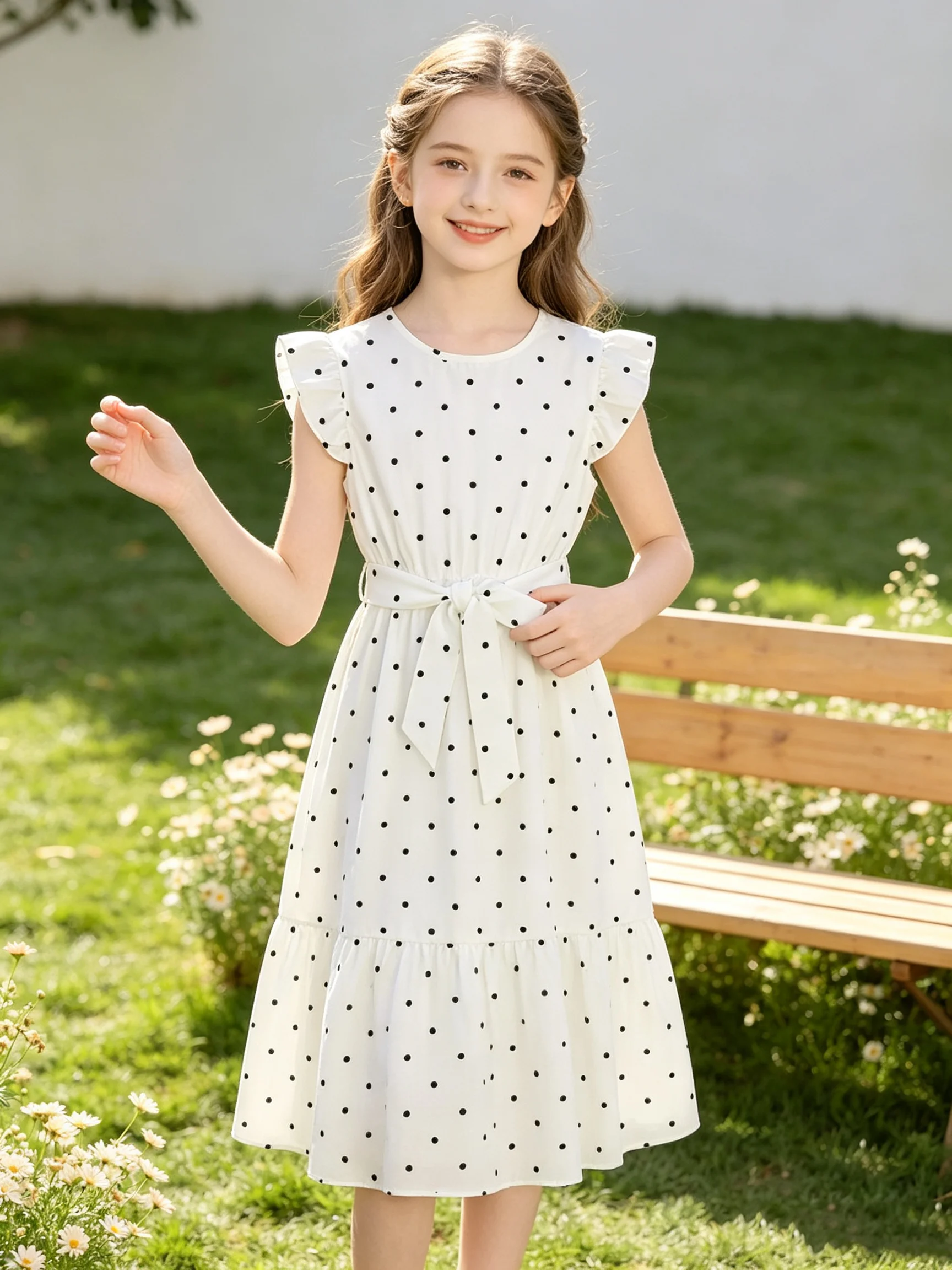 Summer Casual Elegance Girls' Polka Dot Dress Comfortable round Neck Ruffle Sleeves Cinched Waist Lace-Up Long Skirt