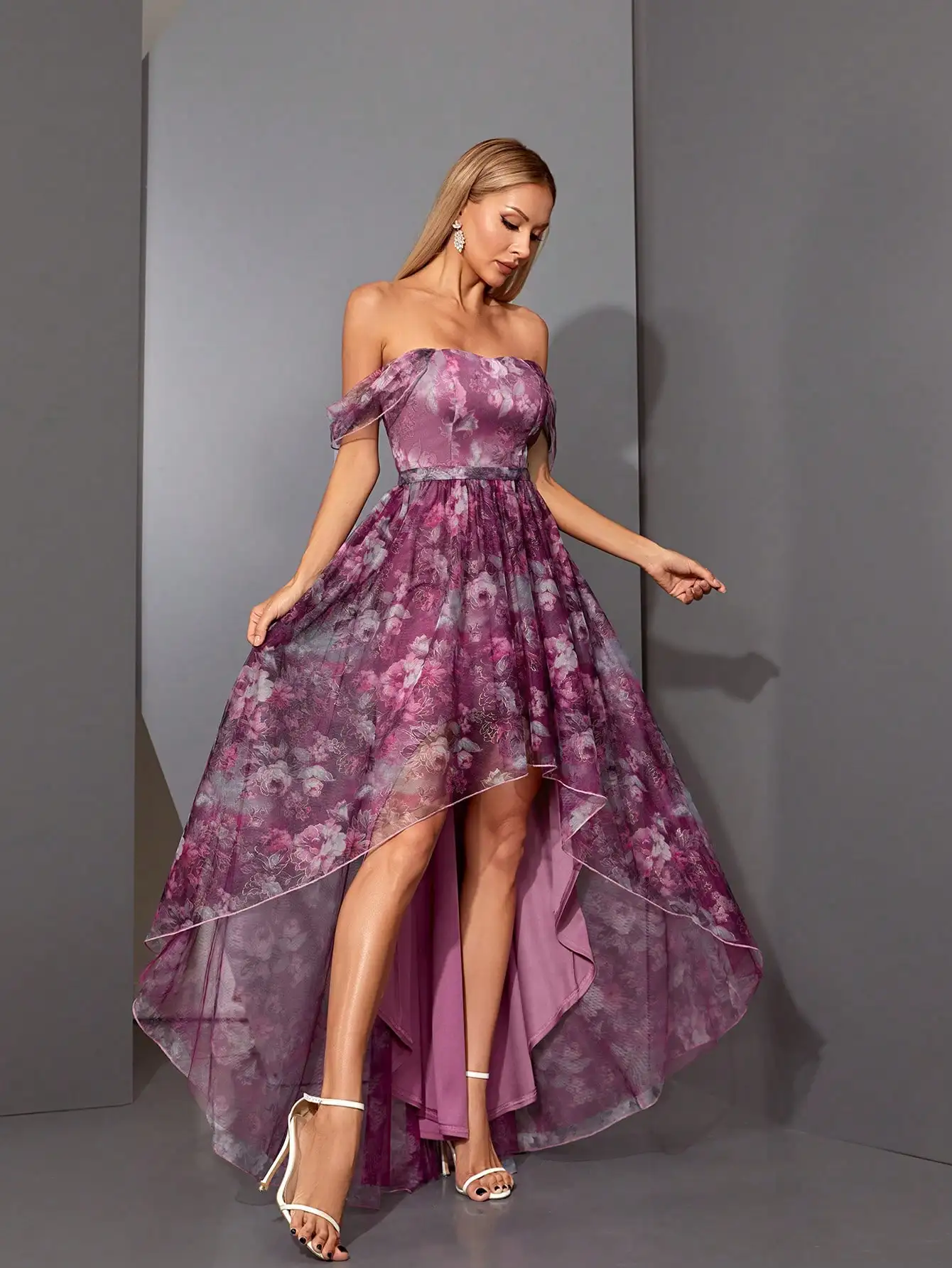 Mgiacy Jupe longue plissée imprimée à col unique devant court dos en maille avec grande balançoire